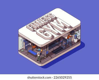 Fitness gym concept in 3d isometric graphic design. Sports center with treadmills, cardio training and bodybuilding equipment. Vector illustration with people in isometric room interior for web banner