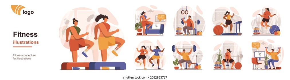 Fitness at gym concept isolated person situations. Collection of scenes with people do aerobics or weightlifting, exercise on simulators, home workouts. Mega set. Vector illustration in flat design