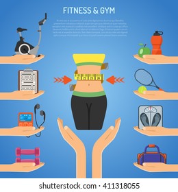 Fitness and Gym Concept for Mobile Applications, Web Site, Advertising like Waist, Exercise Bike, Bag, Dumbbells and Scales Icons. Vector illustration