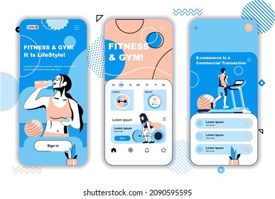 Fitness And Gym Concept Onboarding Screens For Mobile App Templates. Athletes Do Exercise And Workout Activity. UI, UX, GUI User Interface Kit With People Scenes For Web Design. Vector Illustration