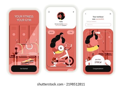 Fitness gym concept onboarding screens. Cardio training and exercises on simulators, healthy lifestyle. UI, UX, GUI user interface kit with flat people scene. Vector illustration for web design