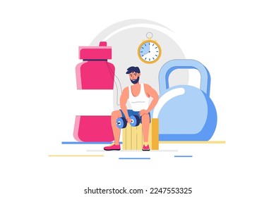 Fitness at gym concept with people scene in flat design. Man strengthens his muscles and performs strength training with dumbbells and kettlebells. Vector illustration with character situation for web