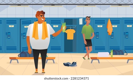 Fitness gym concept with people scene in the background cartoon design. Two mans chat after training. Vector illustration.