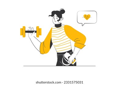 Fitness gym concept with people scene in the flat cartoon design. The girl does sports and takes care of her health. Vector illustration.