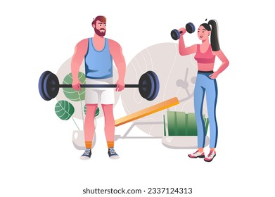 Fitness gym concept with people scene in the flat cartoon style. Young couple doing sports together in the gym. Vector illustration.