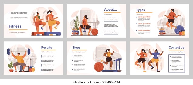 Fitness at gym concept for presentation slide template. People doing aerobics or weightlifting, exercise on simulators, running, jumping rope. Vector illustration with flat persons for layout design