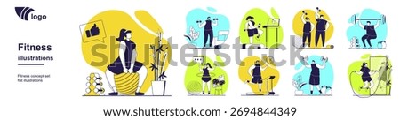 Fitness at gym concept set for web design. Collection with people doing bodybuilding, gymnastic, aerobics or weightlifting, exercising on treadmills, training at home workouts. Vector illustration.