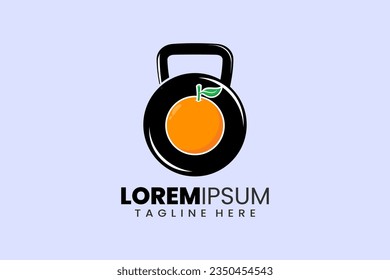 Fitness gym concept vector logo label icon emblem with orange kettlebell shape workout bodybuilding