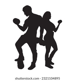 fitness gym couple silhouette isolated black on white background vector illustration