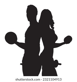 fitness gym couple silhouette isolated black on white background vector illustration