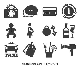 Fitness gym. Discount offer tag, chat, info icon. Hotel, apartment service icons. Alcohol cocktail, taxi and hairdryer symbols. Classic style signs set. Vector