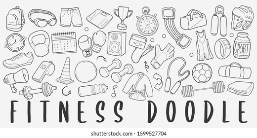 Fitness Gym Doodle Line Art Illustration. Hand Drawn Vector Clip Art. Banner Set Logos.