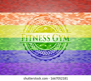 Fitness Gym emblem on mosaic background with the colors of the LGBT flag