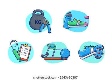 Fitness Gym Equipment Illustrations Pack with Kettlebell, Hand Grips, Treadmill, Water Bottle, and Running Shoes Vector Design