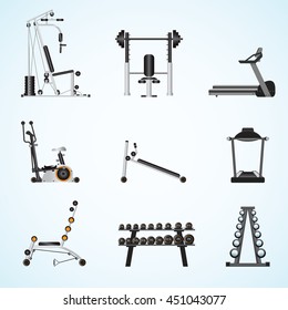 Fitness gym equipment isolated on background, gymnasium sport fitness, athletics, healthy lifestyle,flat design Vector illustration.