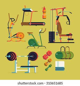 Fitness gym exercise equipment and items vector flat design illustrations. Featuring weight bench, treadmill, stationary bike, sport bag and more. Ideal for sport and fitness infographics