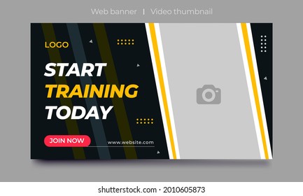 Fitness gym exercise training class thumbnail design template. video thumbnail for social media. web banner and video cover photo.