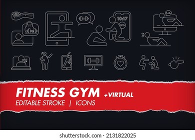 Fitness Gym Exercise + Virtual Online Version Linear Icon Symbol Collection Set. Health And Wellness. Editable Stroke Line