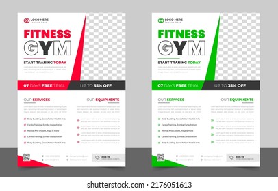 Fitness gym flyer template with black, red and green color, gym, Workout, fitness and Sports flyer. fitness gym business flyer design with unique shape.