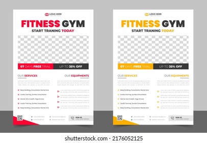 Fitness gym flyer template with black, red and yellow color, gym, Workout, fitness and Sports flyer. fitness gym business flyer design with unique shape.