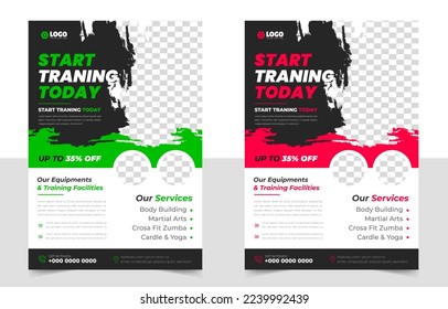 Fitness gym flyer template with black, red and green color, gym, Workout, fitness and Sports flyer. fitness gym brush vector business flyer design with unique shape. brush flyer vector design template
