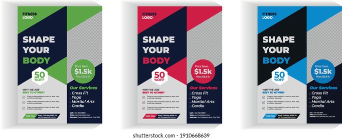 Fitness Gym Flyer Template, gimnasio abstracto creativo y plantilla de volante de gimnasio con variación de color azul rojo	