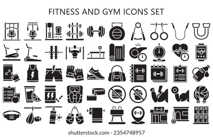 Fitness and gym glyph icons pack. contain barbell, dumbbell, treadmill, bottle and more. use for modern concept, UI or UX kit, web and app development. vector EPS 10 ready convert to SVG.