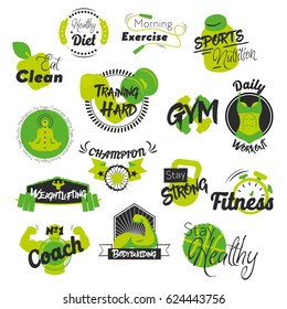 Fitness and Gym Hand Drawn Logos. Healthy Lifestyle. Vector illustration