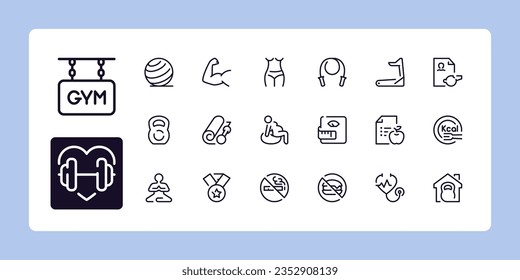 Fitness, gym and health care line icon set 2 of 2. Outline symbol collection. Editable vector stroke. 384 and 192 Pixel Perfect scalable to 96px, 48px...