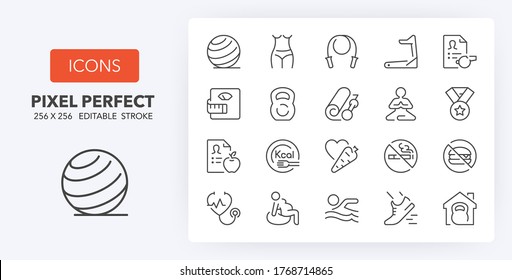 Fitness, gym and health care thin line icon set. Outline symbol collection. Editable vector stroke. 256x256 Pixel Perfect scalable to 128px, 64px...