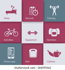 fitness, gym, health flat icons on squares with shadow, vector illustration, eps10, easy to edit
