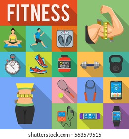 Fitness, Gym, Health Flat Icons Set with Long Shadow like Yoga, Runner, Weight and Gadgets vector illustration