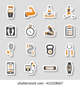 Fitness, Gym, Health Stickers Icons Set for Mobile Applications, Web Site, Advertising like Yoga, Runner, Weight and Gadgets.