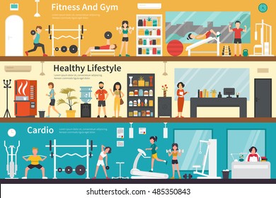 Fitness And Gym Healthy Lifestyle Cardio flat interior outdoor concept web