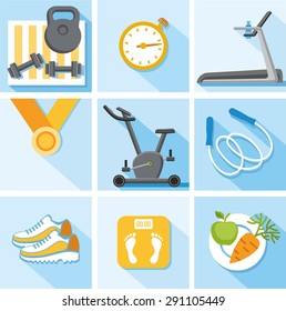 Fitness, gym, healthy lifestyle, colored, flat, illustration, icons. Colored, flat illustrations, icons with images of trainers, sports equipment and attributes of a healthy lifestyle. 