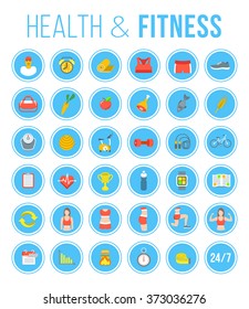 Fitness gym and healthy lifestyle flat vector icons. Diet nutrition, shaping workout, equipment, personal trainer, sport clothes infographic elements. Exercises for different muscles of female body