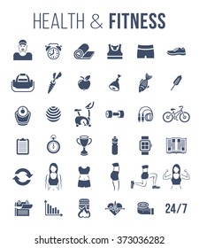 Fitness gym and healthy lifestyle flat silhouettes vector icons. Diet nutrition, shaping workout, equipment, personal trainer, sport clothes infographic elements. Exercises for female body muscles