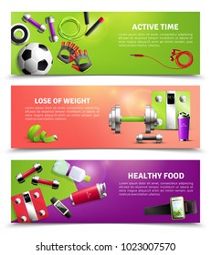 Fitness gym horizontal banners set with healthy food symbols realistic isolated vector illustration