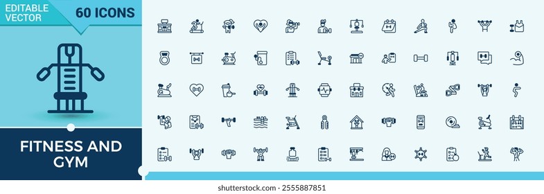 Fitness and Gym icon set. Featuring treadmill, balance, outline, sign, pictogram, workout, nutrition and more. Set of line pictogram. Solid line editable stroke. Vector line and solid icons.