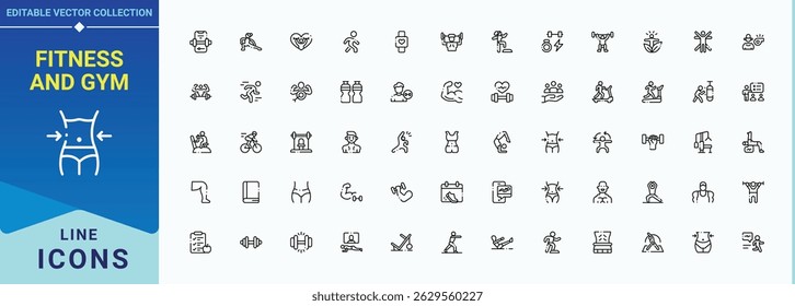 Fitness and Gym icon set. Vector outline icons collection. Related to fitness, healthy, sport, fit, gym, nutrition. Editable vector art and illustration. Lifestyle vector icon set.