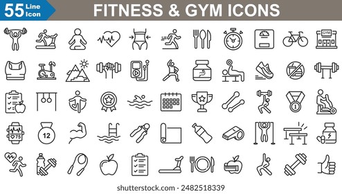 Los íconos de fitness y gimnasio establecen la Ilustración vectorial. estilo de vida saludable, mancuerna, kettlebell, yoga, ciclismo, correr, cuerpo, entrenamiento y entrenamiento. 