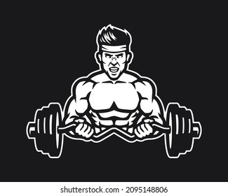 Fitness Gym illustration design template with exercising athletic man isolated on white background. Strong human with weightlifting vector image.