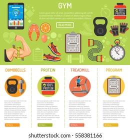 Fitness and gym infographics with flat icons biceps, protein and weight. vector illustration