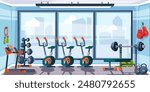 Fitness gym interior background. Gymnasium room with sport equipment for workouts cartoon vector illustration. Treadmill, bike, dumbbells, bench with barbell in empty modern sport club.