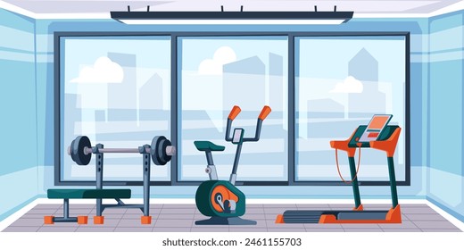 Fitness gym interior background. Gymnasium room with sport equipment for workout cartoon vector illustration. Treadmill, bike, bench with barbell in empty modern sport club.