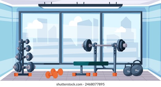 Fitness gym interior background. Gymnasium room with sport equipment for workout cartoon vector illustration. Treadmill, dumbbells, bench with barbell in empty sport club. Bodybuilding, weightlifting.