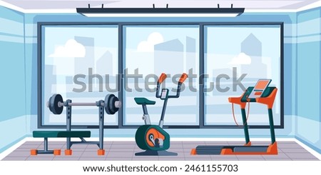 Fitness gym interior background. Gymnasium room with sport equipment for workout cartoon vector illustration. Treadmill, bike, bench with barbell in empty modern sport club.