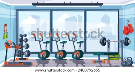 Fitness gym interior background. Gymnasium room with sport equipment for workouts cartoon vector illustration. Treadmill, bike, dumbbells, bench with barbell in empty modern sport club.