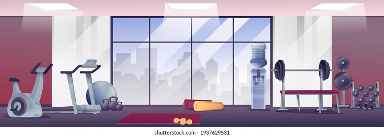 Fitness gym interior background. Room with sport equipment for workouts vector illustration. Treadmill, bike, dumbbells, barbell, water cooler, mat on floor. Healthy lifestyle.