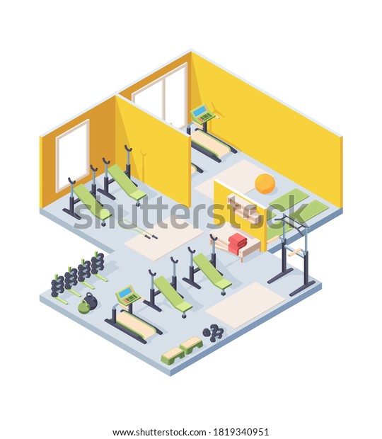 Fitness gym interior isometric illustration.\
Lighted room with cardio equipment sun loungers barbells\
comfortable yoga cots trestle beds relaxing with towel active\
healthy lifestyle. Vector\
concept.